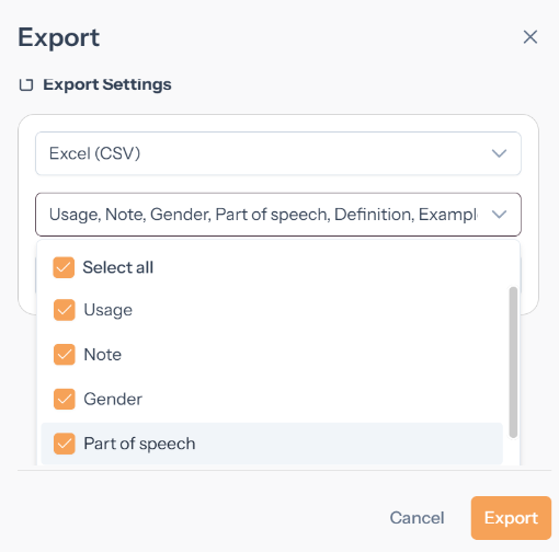 A screenshot of a export