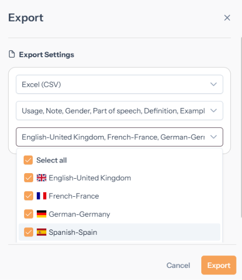 A screenshot of a export